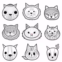 the different face types of cats,sketches of cat heads in different styles and colors,the nine faces of cats by person,the eight different cat