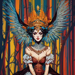 a digital painting of a girl dressed in a blue gown and headdress,a painting of a woman with large wings and a mask on