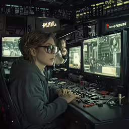 a lady sitting in front of computer monitors