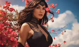 woman in black top with pink flowers and sky behind her