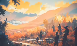 some people are walking on a path near mountains