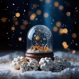 snowglobe in winter scene with gold stars falling from them