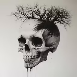 a drawing of a skull with hair falling off it