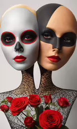 two people, one with dark, black and white masks on their heads one with roses