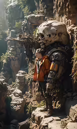 a person with a backpack and gun standing on some rocks