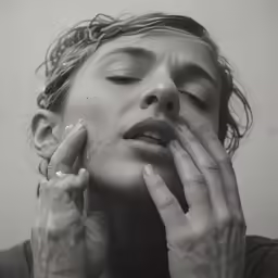 a woman who is holding her face to her cheeks