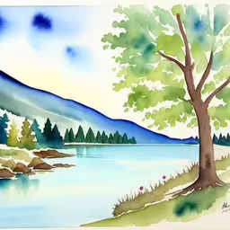 a watercolor painting with trees near the water
