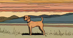 a large dog is in front of a mountain range,a dog with brown fur is standing in the grass