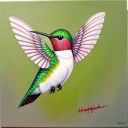 a picture of a green and white bird on a green background,a colorful painting of a hummingbird with its beak open