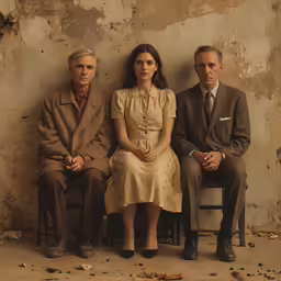 a group of people sitting next to each other in front of a wall