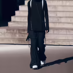 a model wearing all black walking along steps