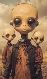 three weird looking heads and shoulders are placed in front of an image of a human like man