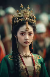 a woman in a green chinese dress wearing a gold tiara,a barbie doll in chinese costume with braids and a tiara