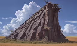 an artistic painting of a rock formation with large antlers sticking out of it