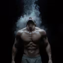 a man covered in white smoke, photographed in a dark room