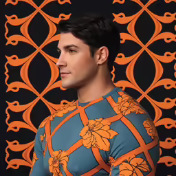 an artistic portrait of a male wearing an orange and blue shirt