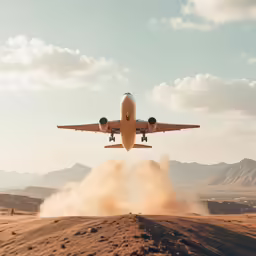 an airplane flying over the desert under a cloud of dust