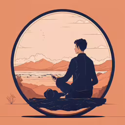 man in black shirt with dog seated on wood,a man sitting in the center of a circular frame