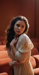 a woman in white dress leaning on a chair
