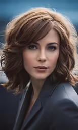 a woman with a blue eye looks off into the distance