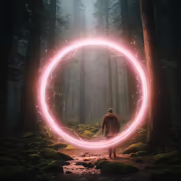 a man standing in a forest with a ring on his back
