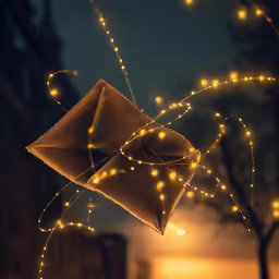 a string of lights illuminate a napkin kite