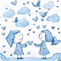 an illustrated drawing of two girls, one holding hands, are seen against a backdrop of sky with hearts and flying birds