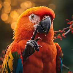 an orange, blue and yellow parrot is perched on the branch