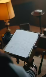 a camera with a notebook and light next to it