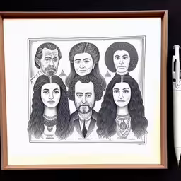 an art print of a family from around the world,there is a drawing with an interesting portrait in it,a picture frame with six presidents and four women,the framed portrait depicts four people in their heads,a drawing of four men and one woman in the same picture