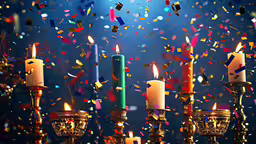 many lit candles with colored confetti around them,festive candles in front of a backdrop with confetti and candles