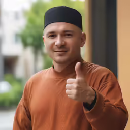 man in brown shirt giving thumbs up with hand on hips