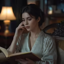 woman in robes reading a book sitting on a couch