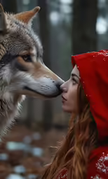 a woman is kissing the nose of a wolf