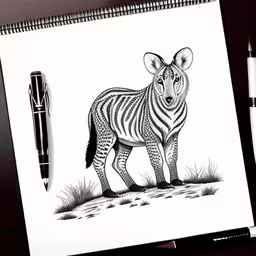 zebra in the grass in black and white, with sharp tip markers,a zebra standing next to a black marker