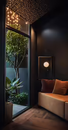a couch in a corner under some lights