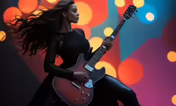 a woman in black with a pink and red guitar