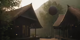the houses are made of wood and has thatched roof