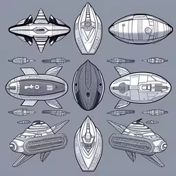 futuristic ships and vessels set 3 in black and white