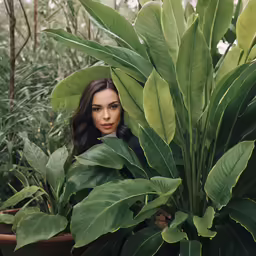 a woman is hiding behind a green plant
