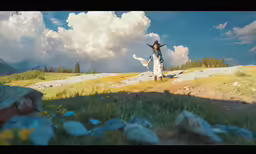 a woman standing on top of a grass covered field