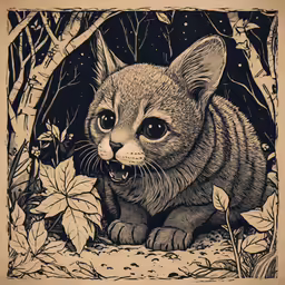 an animal with an open mouth, surrounded by leaves