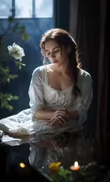 a woman sitting down and wearing a long white dress