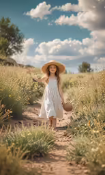 little girl wearing a hat standing in the middle of the desert
