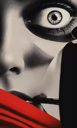 a woman is holding scissors in front of her eye