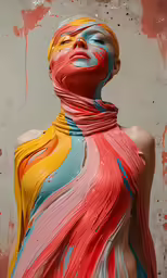 an abstract, colorful painting on the back of a woman