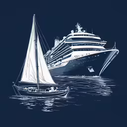 the illustration shows a boat and a cruise ship sailing in front