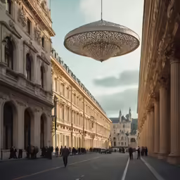 an ornately designed object hangs in the middle of a city