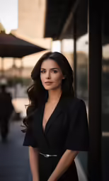 an attractive young woman standing in front of an empty store