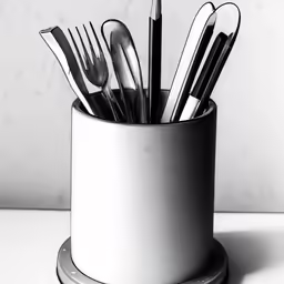 spoons and forks in cup on countertop